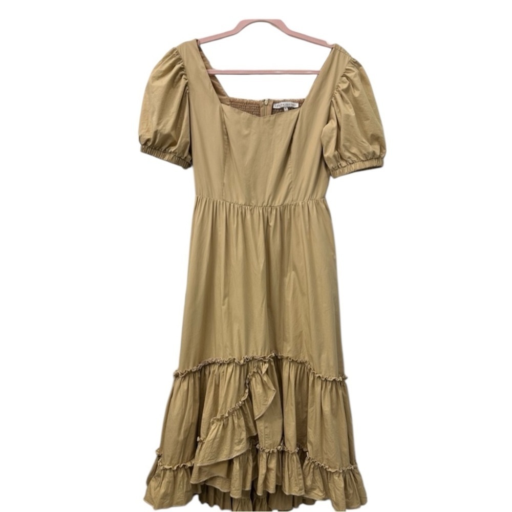 English Factory Womens Size S Khaki Cotton Puff Sleeve Tiered Ruffle Midi Dress